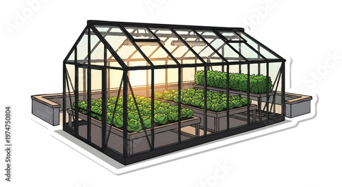 3D illustration of a modern glass greenhouse with plants inside