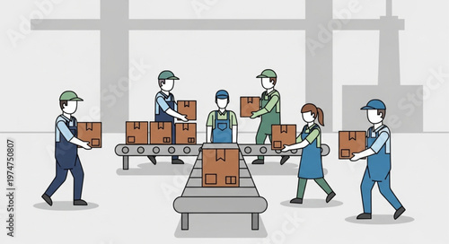 Workers moving boxes in warehouse.