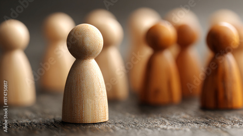 a single light wooden human-shaped figure positioned prominently in the foreground. - Contrast and Group Dynamics Concept.