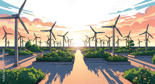 Wind turbines farm at sunset, renewable energy landscape