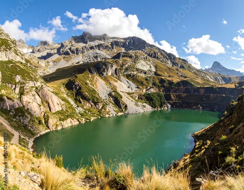 A serene lake nestled within rugged mountains under a blue sky