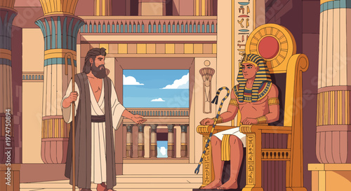 Moses confronts Pharaoh in Egyptian palace demanding release of Israelites slavery ancient biblical scene