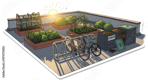 Roof garden with bicycle and planters on sunny day