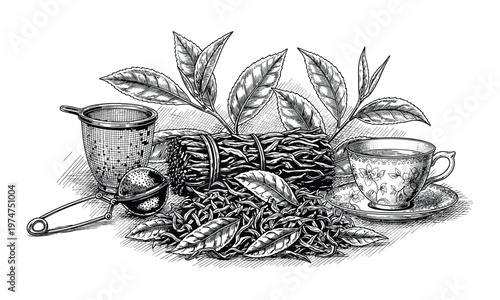 Tea leaves, processing tools, and cup vector illustration for beverage industry.
