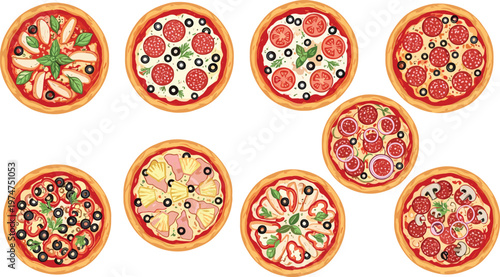 Pizza Collection with Various Toppings Including Pepperoni Vegetables Meat and Cheese for Fast Food Menu Design and Delicious Italian Cuisine Illustration