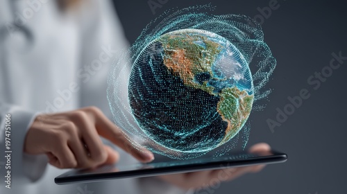 A person interacts with a digital tablet projecting a 3D holographic Earth, global connectivity and advanced technology, world heat crisis