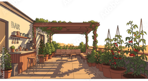 rooftop bar with plants and flowers on a sunny day