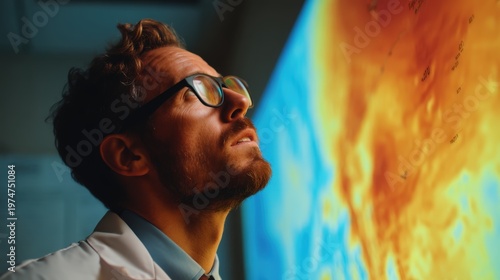 A man in glasses and a lab coat studies a large, colorful scientific display, intently observing intricate data on a screen, world heat crisis