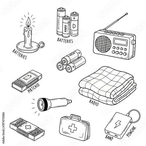 Emergency survival kit items in hand drawn doodle style including flashlight, radio, blanket, batteries, matches, and first aid kit.