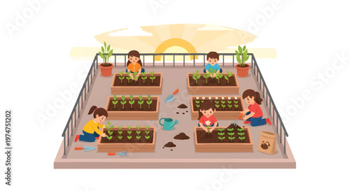 people gardening on rooftop with plants and soil