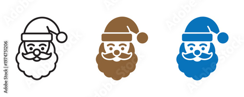 Santa Claus Icon Set Outline Brown and Blue Christmas Character Vector Illustration