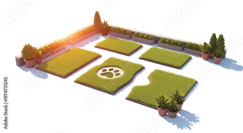 Green grassy area with paw print and trees in garden