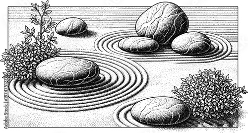 Japanese zen garden vector illustration with raked sand and scattered stones.