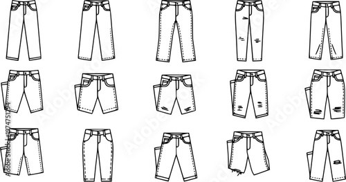 Black and White Line Art Icons of Different Types of Jeans and Pants, Fashion and Clothing Vector Illustrations