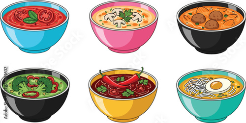 Soup Bowl Collection with Various Hot Dishes Including Tomato Cream Meatball Vegetable and Noodle Soups for Food Menu and Culinary Illustration Design