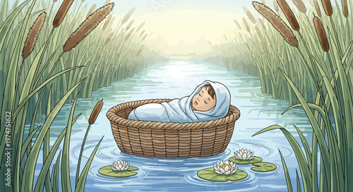 Baby Moses adrift in basket on Nile river reeds protected by divine providence biblical infant rescue
