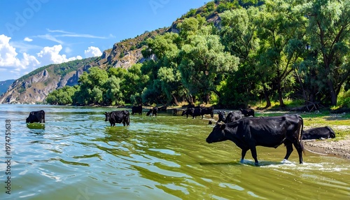 A serene lake scene with cattle wading through greenish water