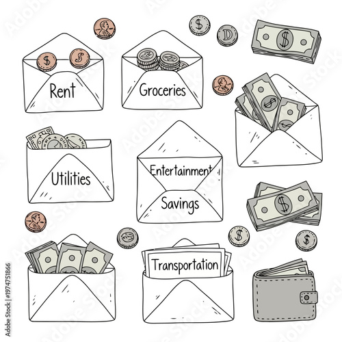 financial envelopes for budgeting rent groceries utilities entertainment savings transportation with cash coins and wallet.