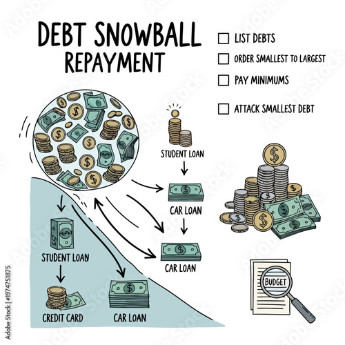 Debt snowball repayment strategy illustration set showing student loan car loan and credit card payoff process for financial freedom and personal budgeting concepts.