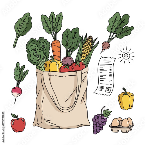 Healthy fresh vegetables in grocery tote bag with shopping receipt including carrots peppers tomatoes spinach corn radish eggs grapes apple and sun icon illustration.