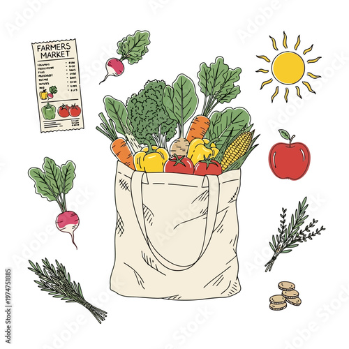 Farmers market organic produce in reusable cloth bag featuring kale carrots peppers radishes tomatoes herbs coins sun and shopping list hand drawn vector illustration.