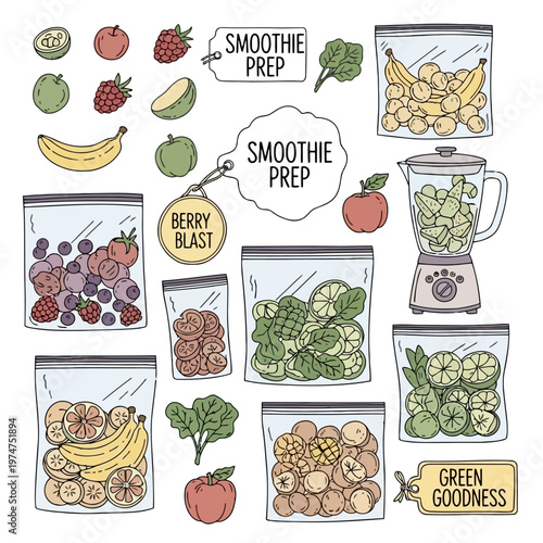 Smoothie meal prep kit with frozen fruit bags blender spinach apples bananas berries and labels for berry blast and green goodness healthy nutrition vector set art.