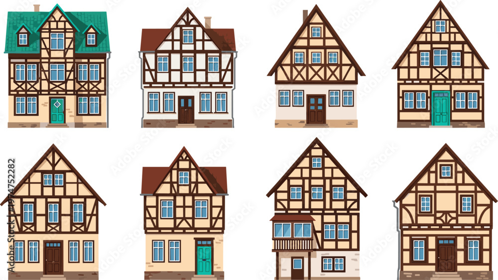 Fototapeta premium Traditional European Half Timbered Houses Collection with Vintage Architecture Facades and Historic Residential Buildings for Travel Heritage and Urban Design Illustration