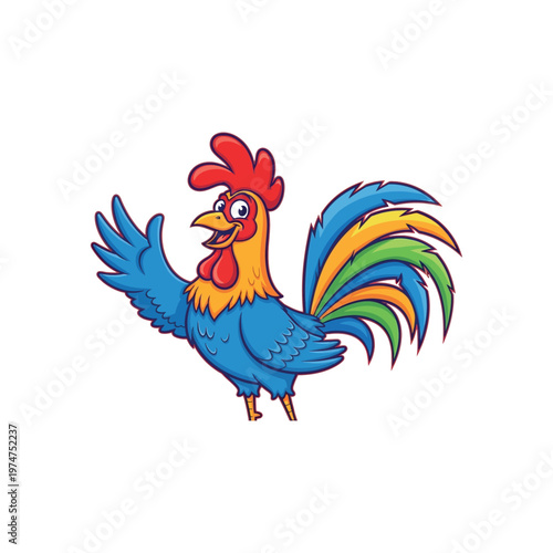 Colorful cartoon rooster standing proudly alone.
