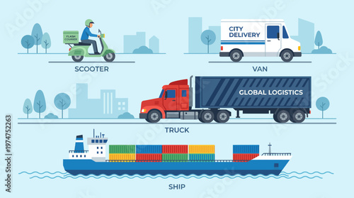 Illustration depicting various modes of cargo transportation, including a scooter, van, truck, and ship, set against an urban background