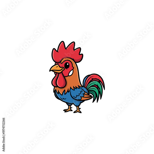 Colorful cartoon rooster standing proudly alone.