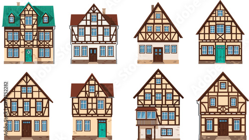 Traditional European Half Timbered Houses Collection with Vintage Architecture Facades and Historic Residential Buildings for Travel Heritage and Urban Design Illustration
