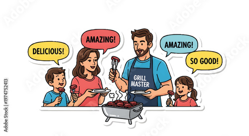 Family enjoying barbecue with grill master father