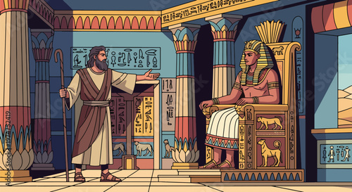 Illustration of moses standing before pharaoh in egyptian palace with hieroglyphics and pillars for biblical history storytelling art graphic