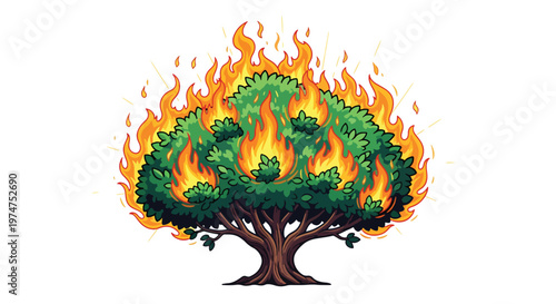 Burning bush with bright flames, symbol of divine presence and revelation, religious illustration