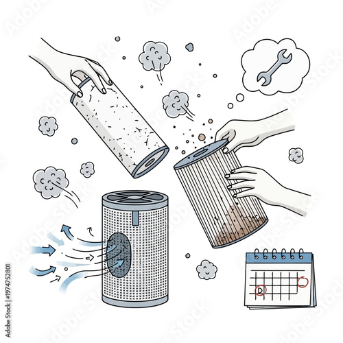 Air purifier filter maintenance illustration showing replacement steps with dirty and clean filters plus dust particles and calendar reminder for home appliance care.