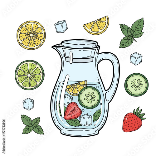 Glass jug with infused detox water containing strawberry lemon cucumber mint and ice cubes for summer refreshment drink collection of healthy liquid beverage icons.
