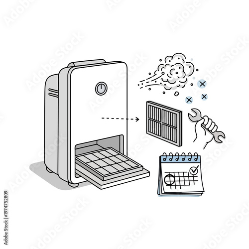 Air purifier filter maintenance concept vector illustration, air purifier cleaning, dust removal, health care, indoor air quality improvement.