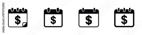 Set of Calendar Icons with Dollar Symbol – Payment Due Date, Salary Day, Financial Planning, Income Schedule, Payroll, Budget Management, Business Finance Concept in Black Silhouette Style