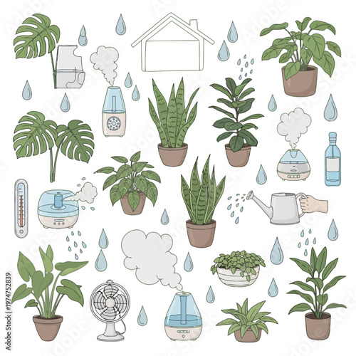 Houseplants and humidifiers vector illustration, indoor plants and watering, home and humidity, natural home decor, plant care elements.