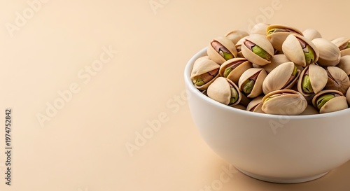 Close-up of a white bowl overflowing with shelled pistachios on a light beige backdrop
