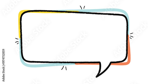 Hand drawn speech bubble frame with a thick black outline and soft pastel colored blocks of yellow, blue, and orange.