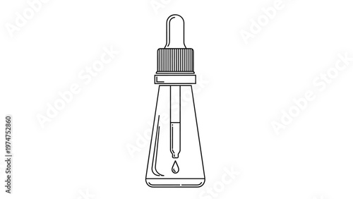 Simple black and white line art icon of a small glass dropper bottle with a single droplet falling from the tip of the pipette.