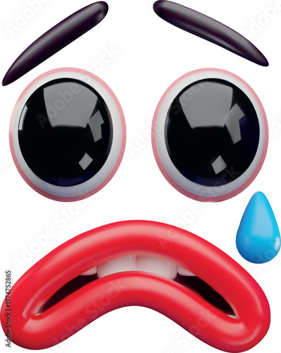 3D cartoon cry face with sad emotion, eyes, mouth and brows realistic vector design, facial element expression with tear