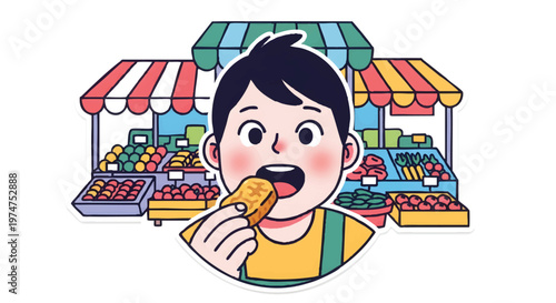 Boy eating food in front of colorful market stalls illustration