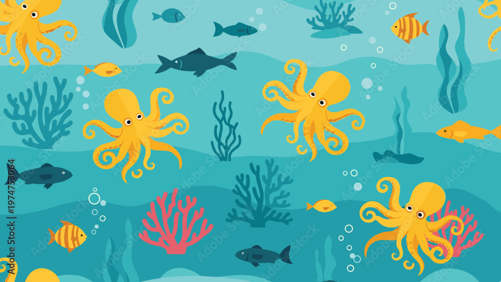 Obraz premium Vibrant underwater illustration featuring friendly yellow octopuses, colorful fish, and diverse coral reefs in a blue ocean environment.