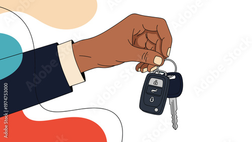 Close up of a brown hand holding a set of car keys and a remote fob against a colorful abstract wavy background.