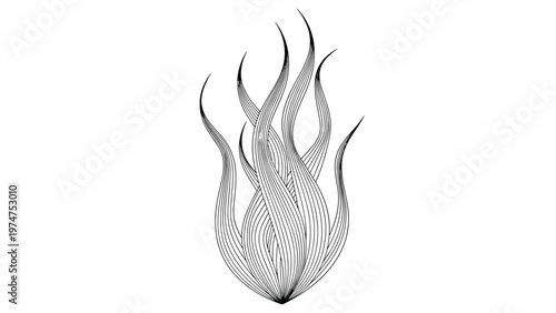 Abstract black and white line art illustration depicting dynamic flowing wavy shapes that resemble flames, smoke, or underwater seaweed.