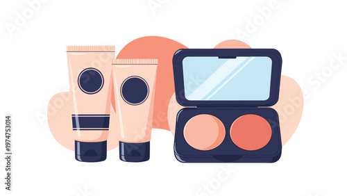 Collection of essential makeup products including cosmetic tubes and an open face powder palette with a mirror for daily beauty routines.