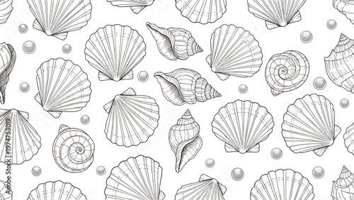 Detailed black and white pattern featuring an intricate seamless design of various seashells and lustrous pearls on a simple white background.