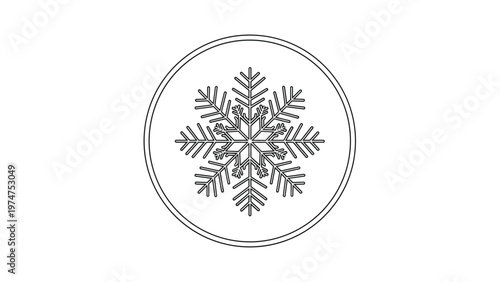 Minimalist line art icon of a symmetrical snowflake enclosed within a circular frame, perfect for winter themes and holiday decorations.